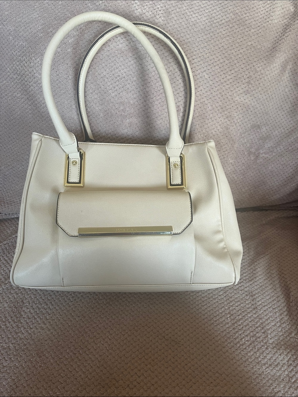 Anne Klein Cream Structured Tote Handbag with Gold Hardware